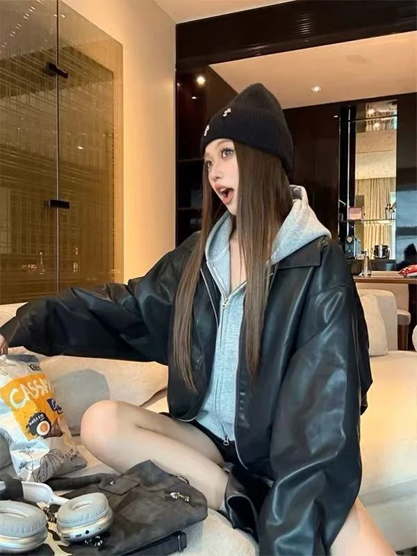 米满满-THE Bohe（12331#）韩系时尚卫衣拼接设计感皮衣外套