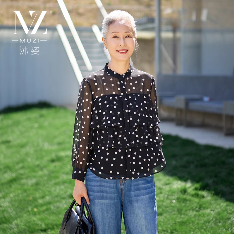 沐姿中年妈妈夏装时尚薄款衬衫上衣服中老年女装夏季波点T恤衬衣