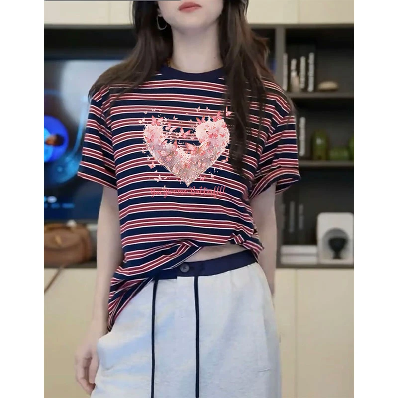 条纹短袖t恤女2025新款拼色设计感小众时尚独特漂亮小衫上衣夏季