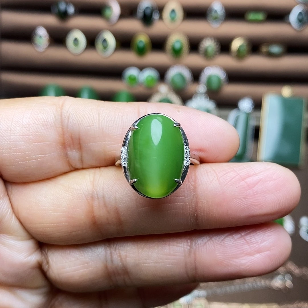 吊坠(不含链)银S925镶嵌和田玉（碧玉）戒指