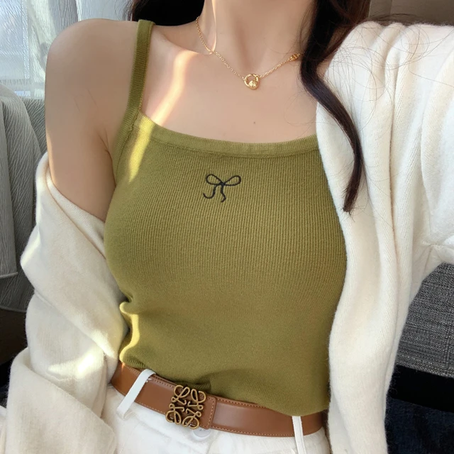 蝴蝶结刺绣针织小吊带女内搭2025春季新款遮副乳修身打底背心上衣