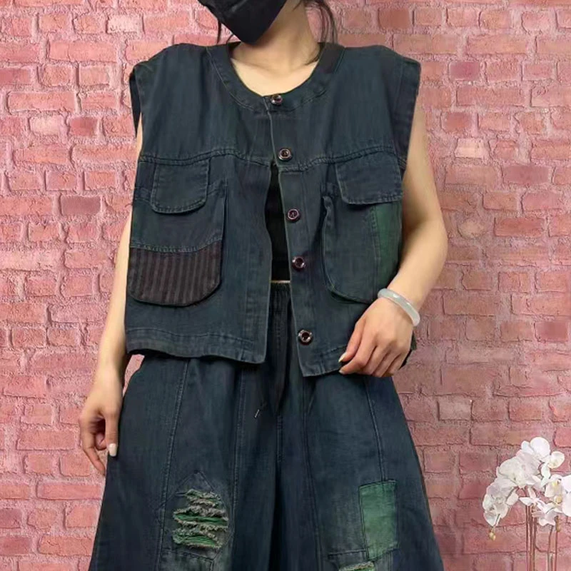 复古炒色圆领宽松休闲短款牛仔马甲女个性拼接显瘦无袖背心