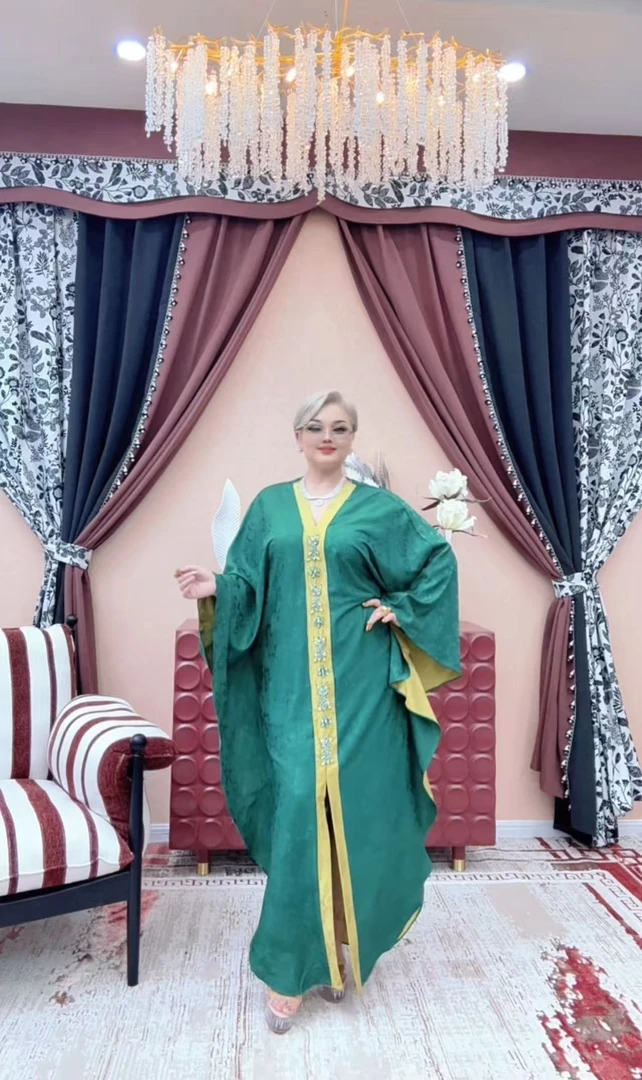 【A014】时尚新款民族风迪拜土耳其重工服饰祖母绿色长款连衣裙