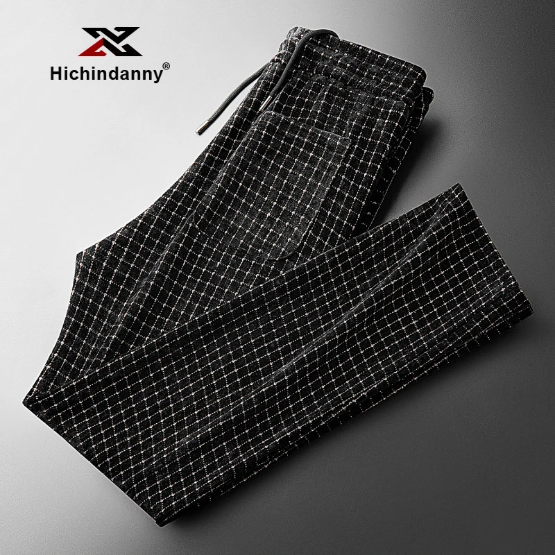 HICHIN加厚保暖格纹运动裤男士秋冬直筒微阔卫裤轻奢英伦风休闲裤