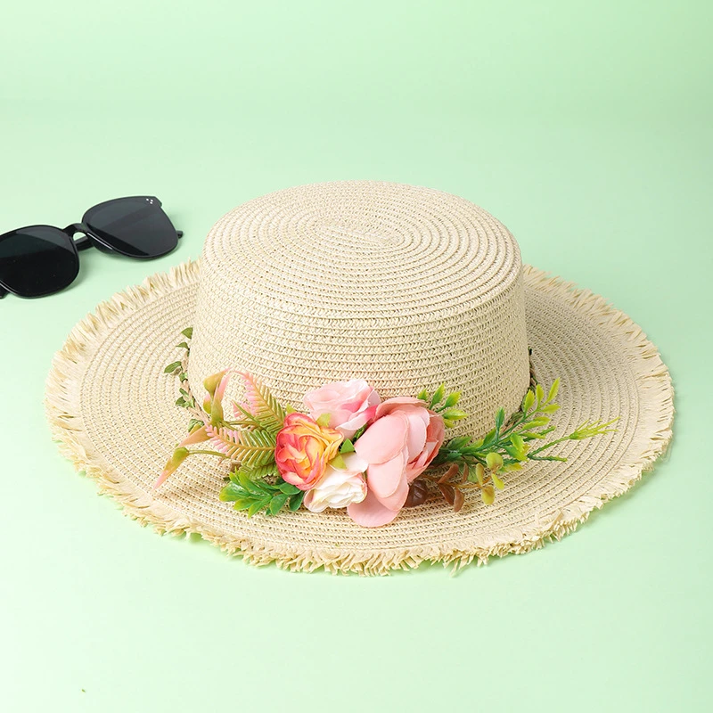 草帽女夏天防晒遮阳花朵太阳帽毛边平顶帽优雅旅游沙滩帽草编帽子
