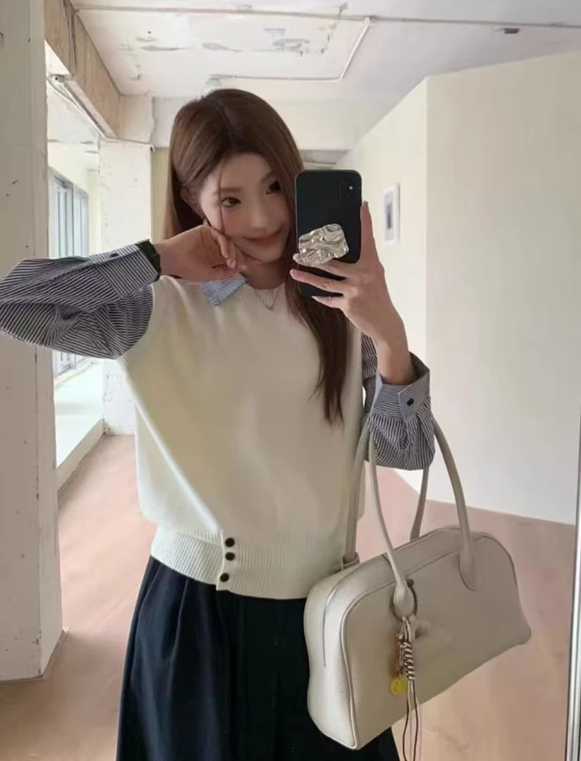 2025秋冬款外穿遮肚针织毛衣拼接假两件衬衫女复古学院风气质上衣