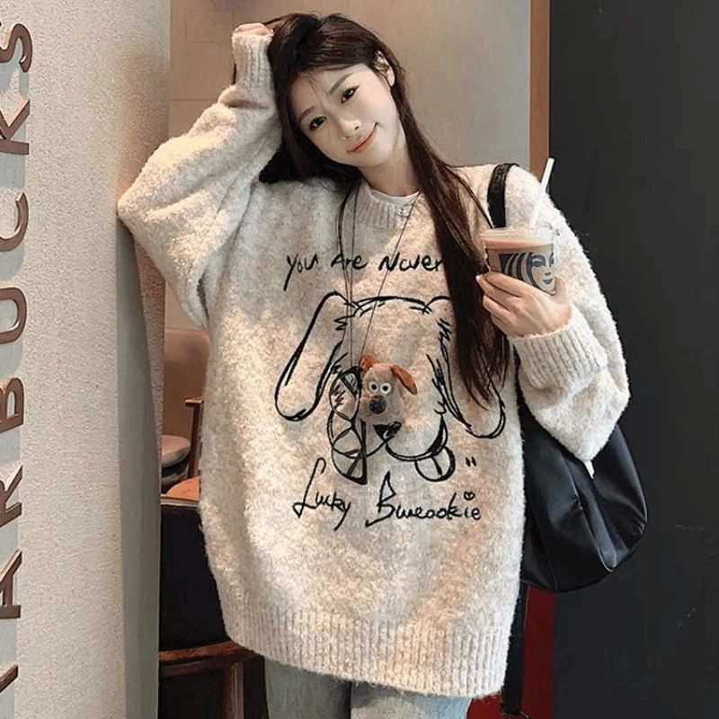 2025秋冬新款立体小狗图案圆领套头宽松显瘦长袖针织上衣毛衣