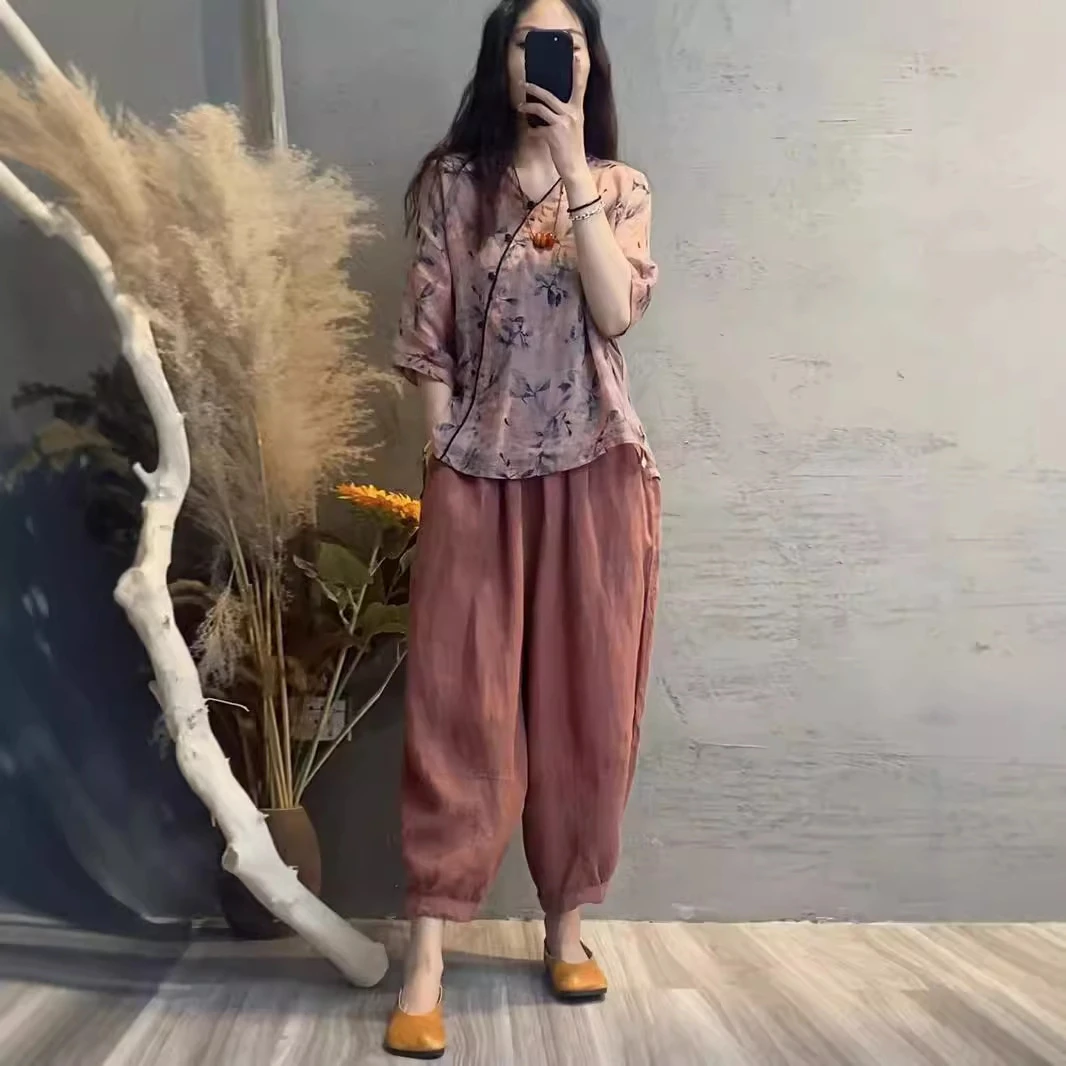 时尚棉麻套装女春夏新款清新印花v领上衣遮肚哈伦裤显瘦两件套潮
