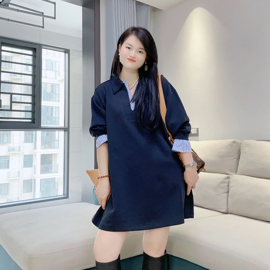 【鑫妍推荐】秋冬新款大码上衣拼接条纹中长款休闲翻领假两件卫衣