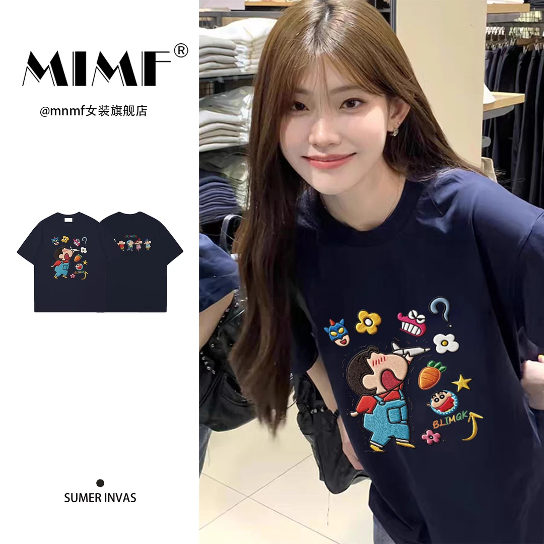 mnmf【仿刺绣印花】夏季纯棉卡通印花T恤女打底衫宽松短袖上衣