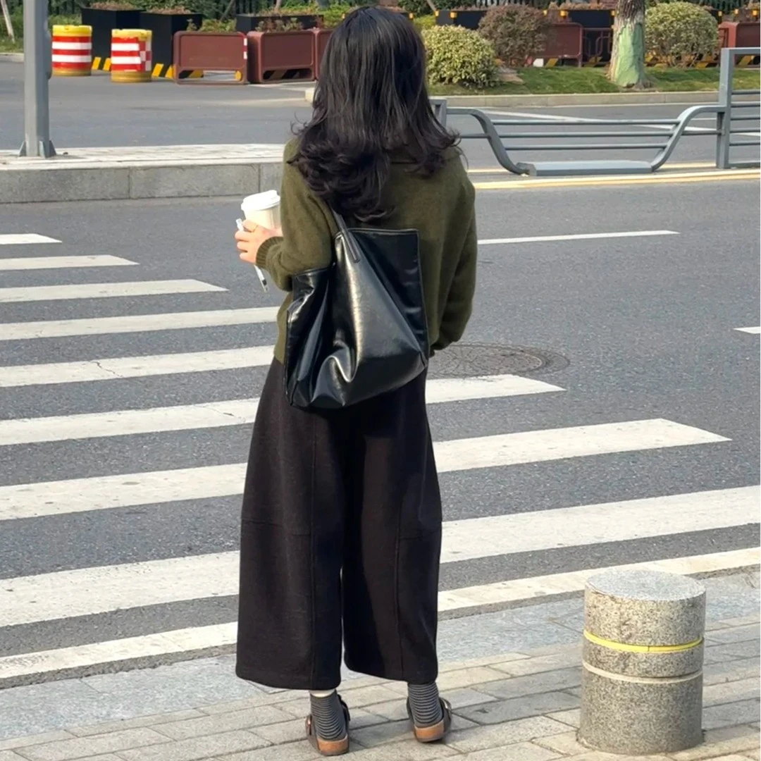 冬季深灰色八分毛呢垂感加绒阔腿裤女大码宽松遮胯显瘦高腰休闲裤