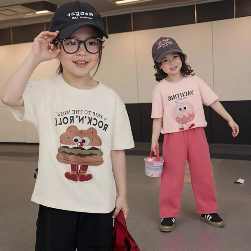 女童甜甜圈t恤夏装2026新款儿童时髦短袖小女孩夏季休闲卡通上衣