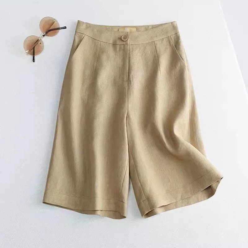 卡其色高腰亚麻短裤女夏季欧货新款薄款阔腿裤百搭直筒五分裤女士