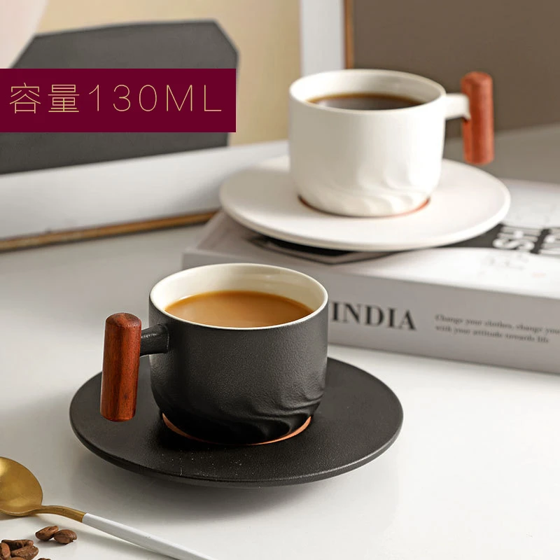 克莱因咖啡杯子陶瓷杯碟日式手冲磨砂水杯木柄轻奢