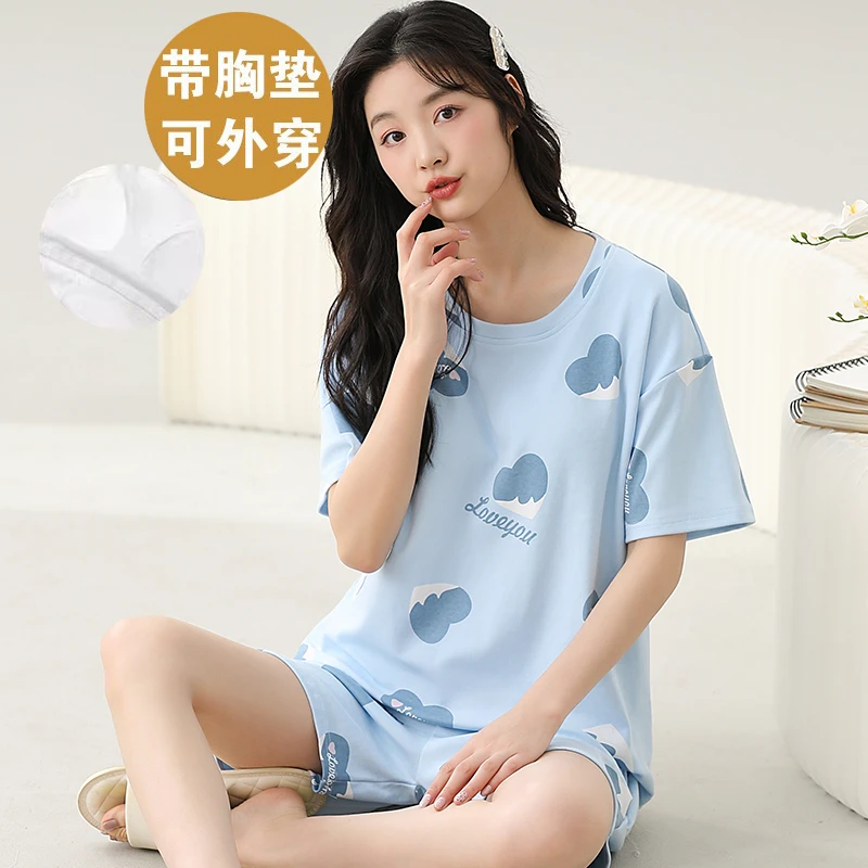 夏季女士大码短袖睡衣套装自带胸垫一体家居服学生卡通可外穿夏天