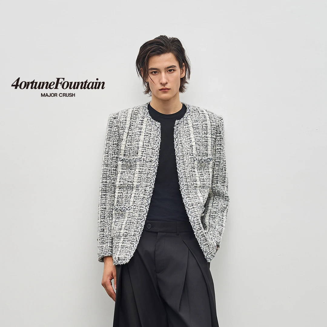 MAJOR CRUSH无领秋季经典版型灰色小香风粗花呢男装外套M0288