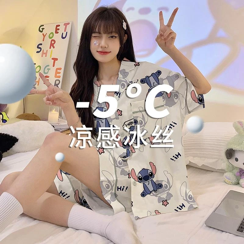 史迪奇睡衣女士短袖冰丝绸2025年新款情侣家居服男夏季天大码套装