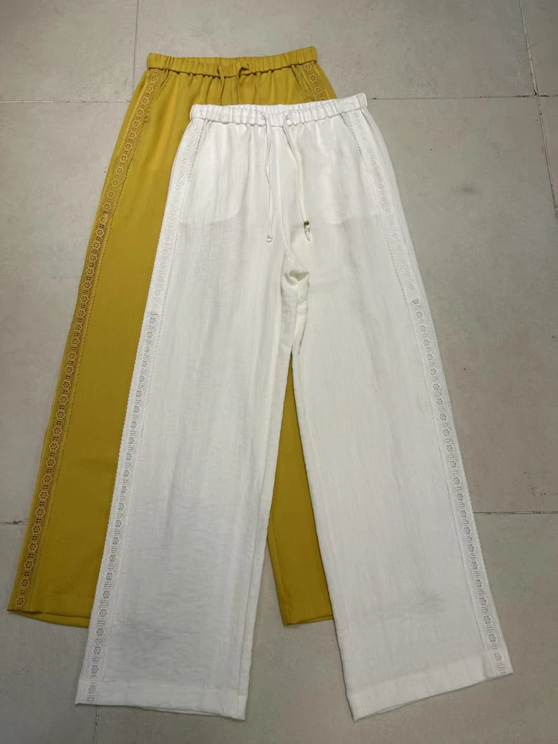 松弛感亚麻松紧腰蕾丝拼接直筒裤6339