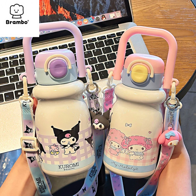 可爱三丽鸥家族系列牛奶一杯双饮保温杯可调节杯绳便捷硅胶吸管杯