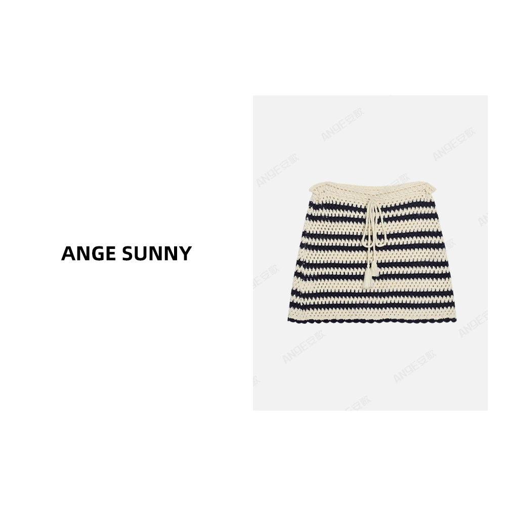 ANGE SUNNY【张元英同款 镂空针织半裙】M家撞色条纹抽绳半身裙