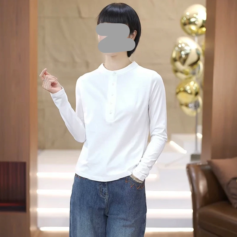 高含棉简约百搭长袖t恤女2025年秋冬新款小个子纯色宽松遮肉上衣