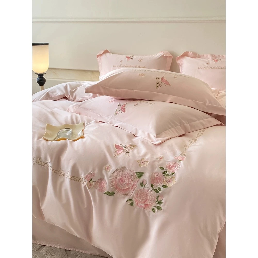 全棉长绒棉床上四件套床上用品 莫奈花园粉
