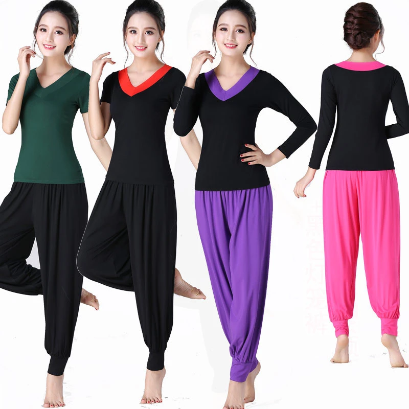 广场舞服装 莫代尔跳舞服V领灯笼裤表演服中老年舞蹈服瑜伽健身服