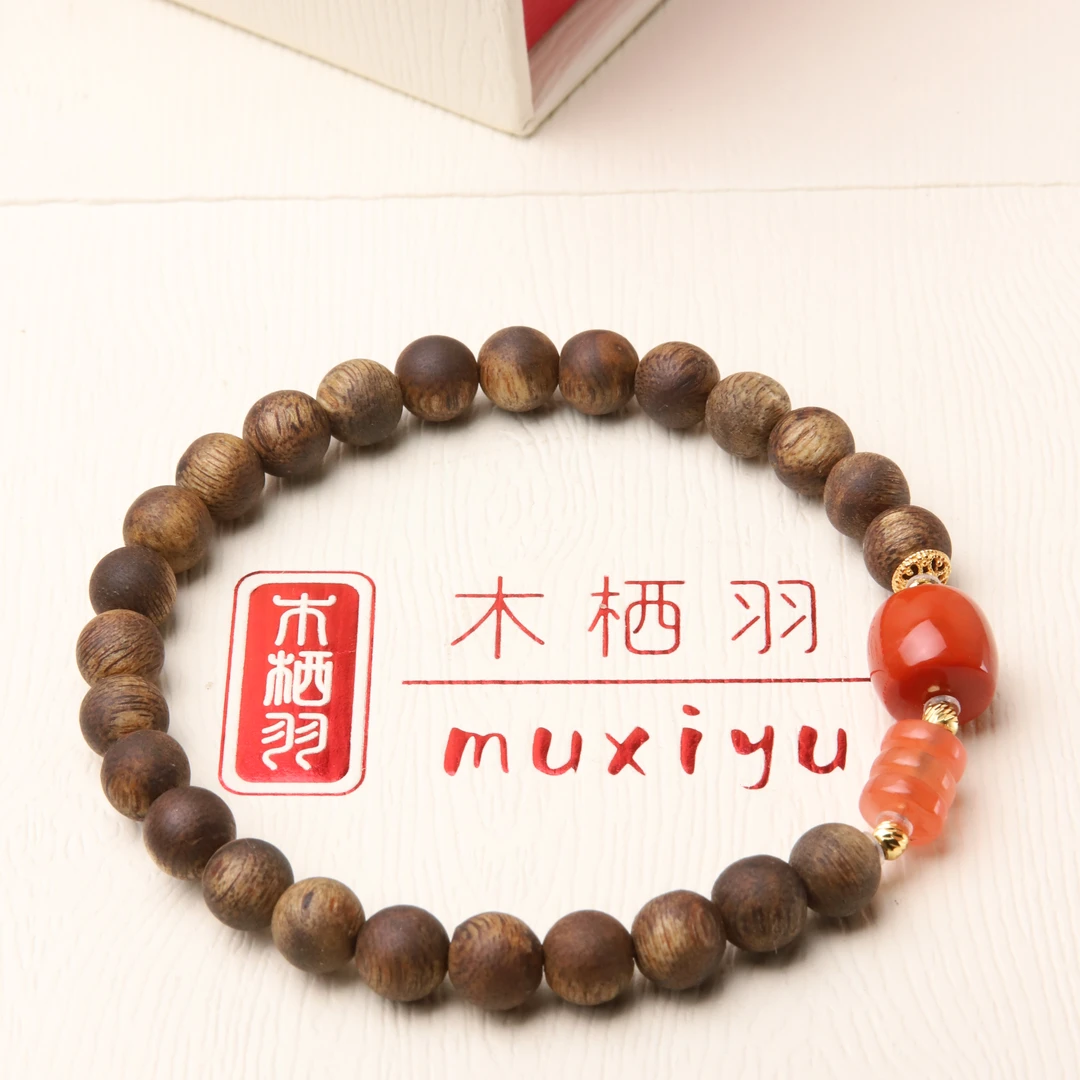 沉香【不争】莺歌绿奇楠沉香南红桶珠单圈手串