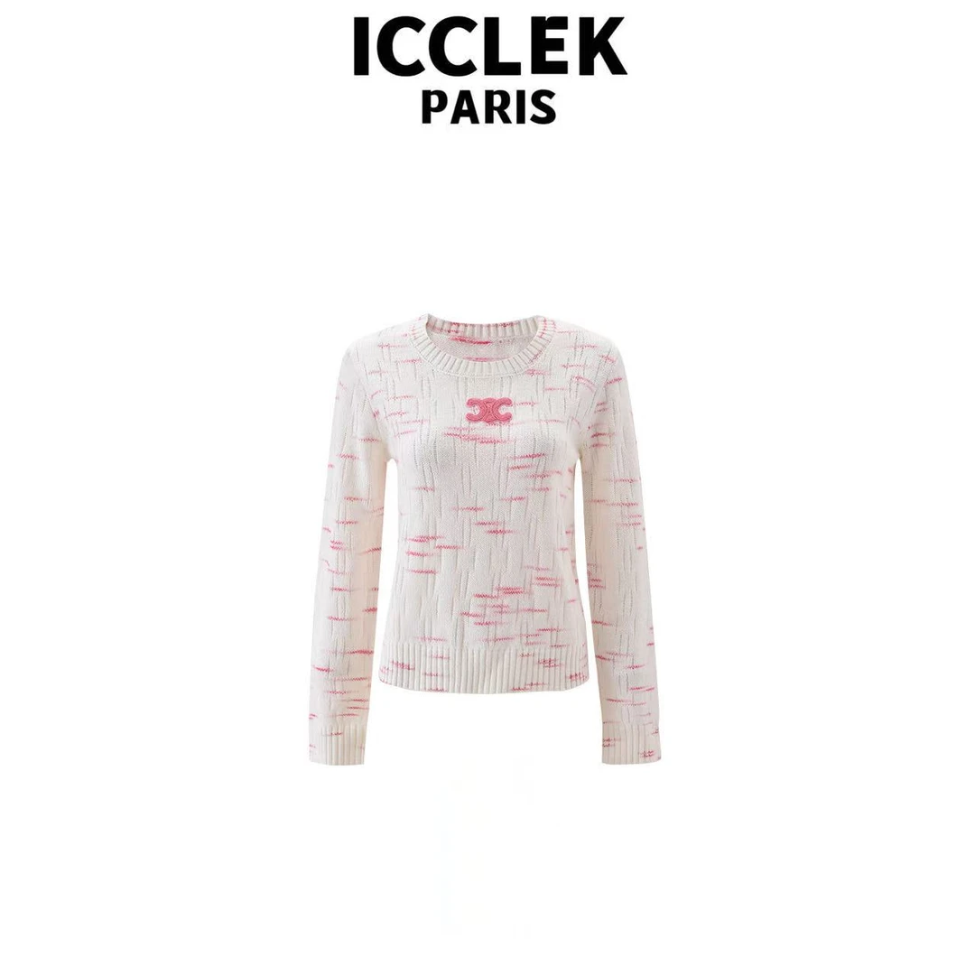 ICCLEK 白色粉条纹针织衫气质轻奢名媛秋冬百搭简约上衣  - 9007