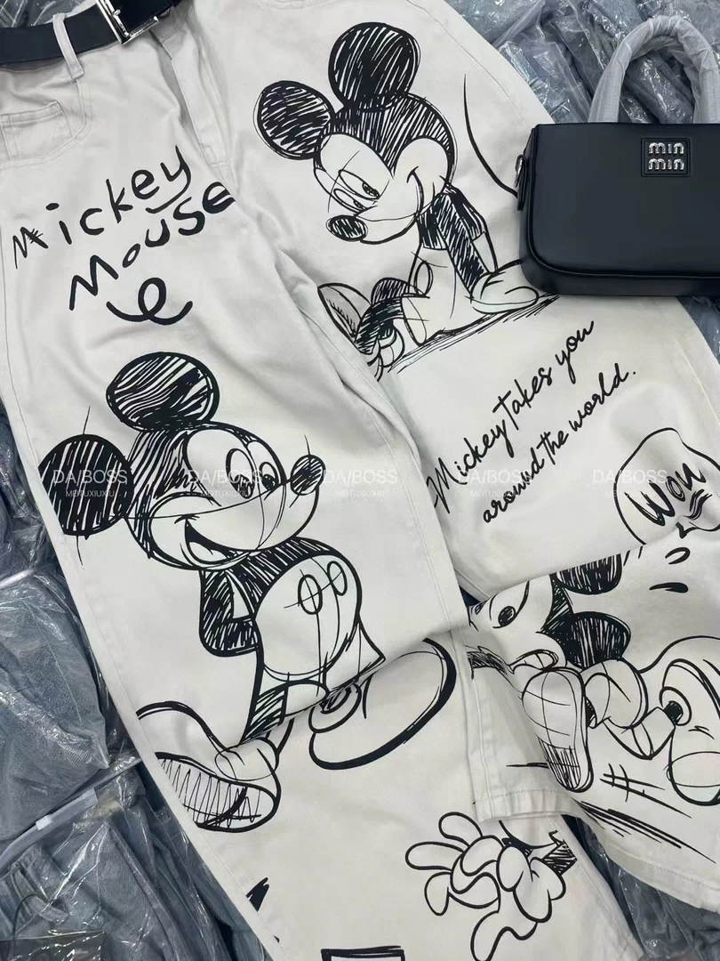 卡通米奇涂鸦灰白色直筒牛仔裤女2025春季时尚百搭显瘦拖地弯刀裤