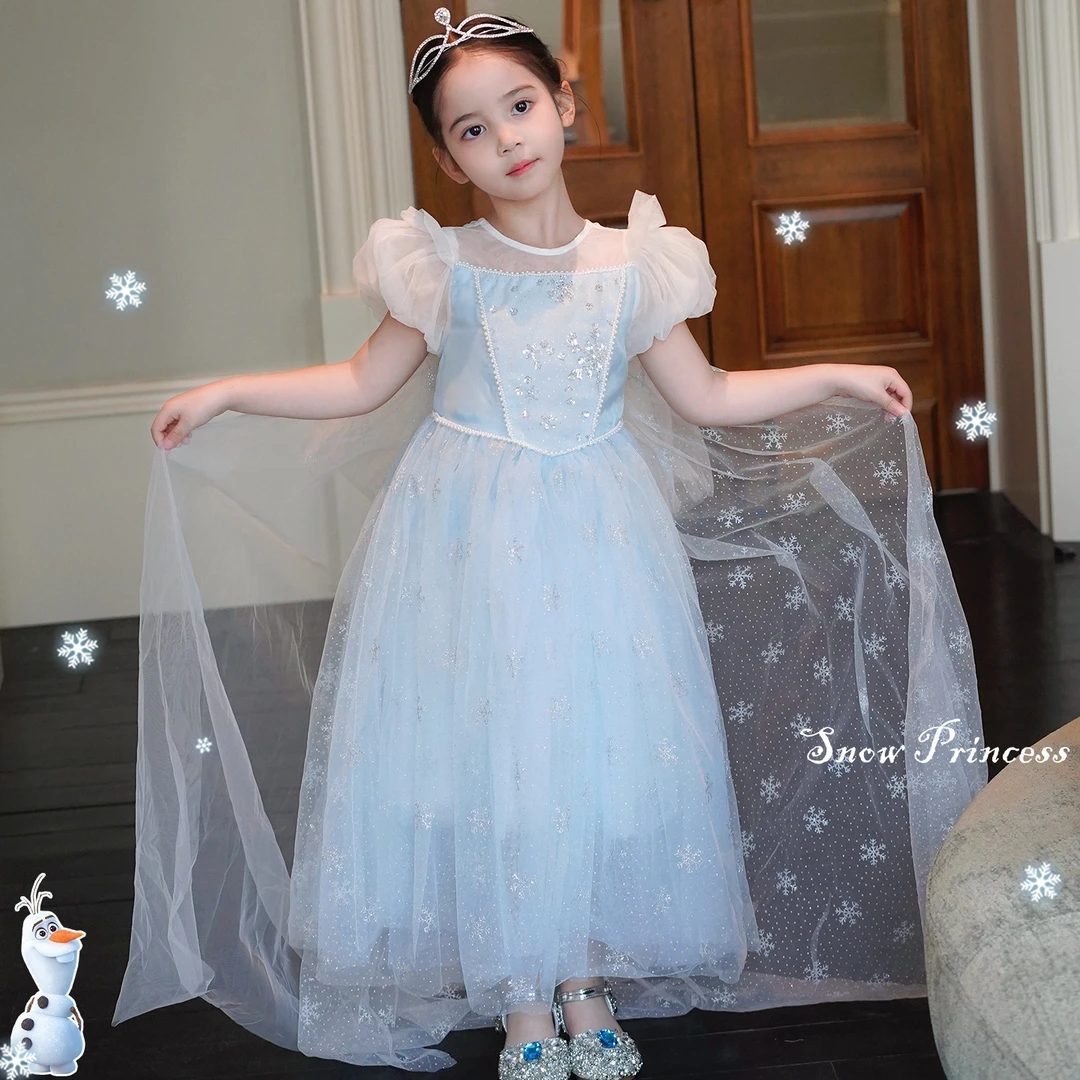 AnnieGirl冰雪公主女童蓝色网纱连衣裙公主泡泡袖蓬蓬裙洋气2026