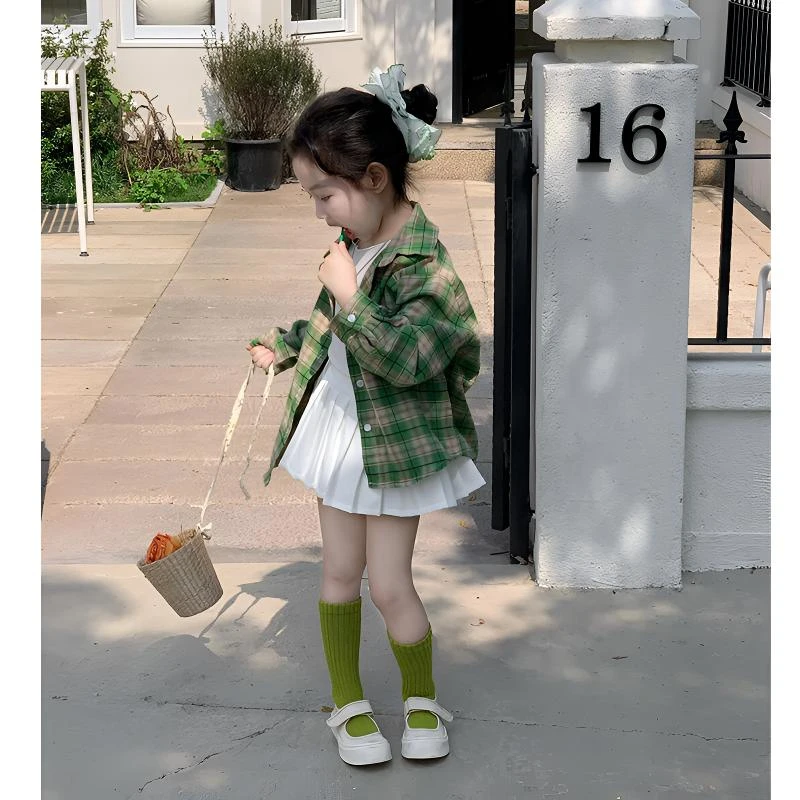 壹妈韩版童装女童秋装套装洋气儿童多巴胺穿搭绿色格子衬衫百褶裙
