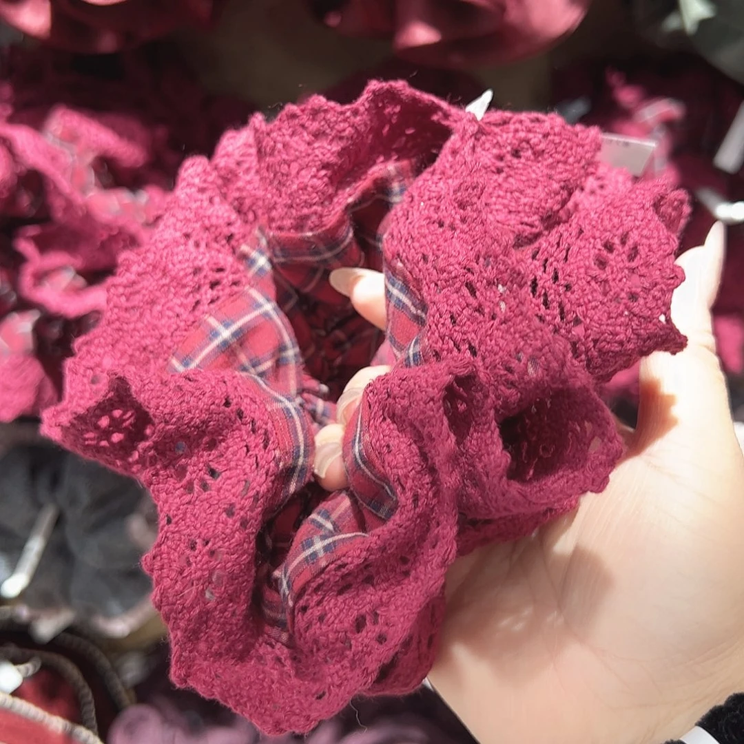 非金属红色格纹蕾丝蛮腰发圈