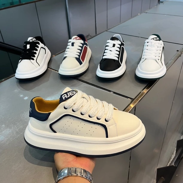 夏季男士低帮系带厚底增高运动鞋皮面拼色舒适软底休闲鞋网红潮鞋