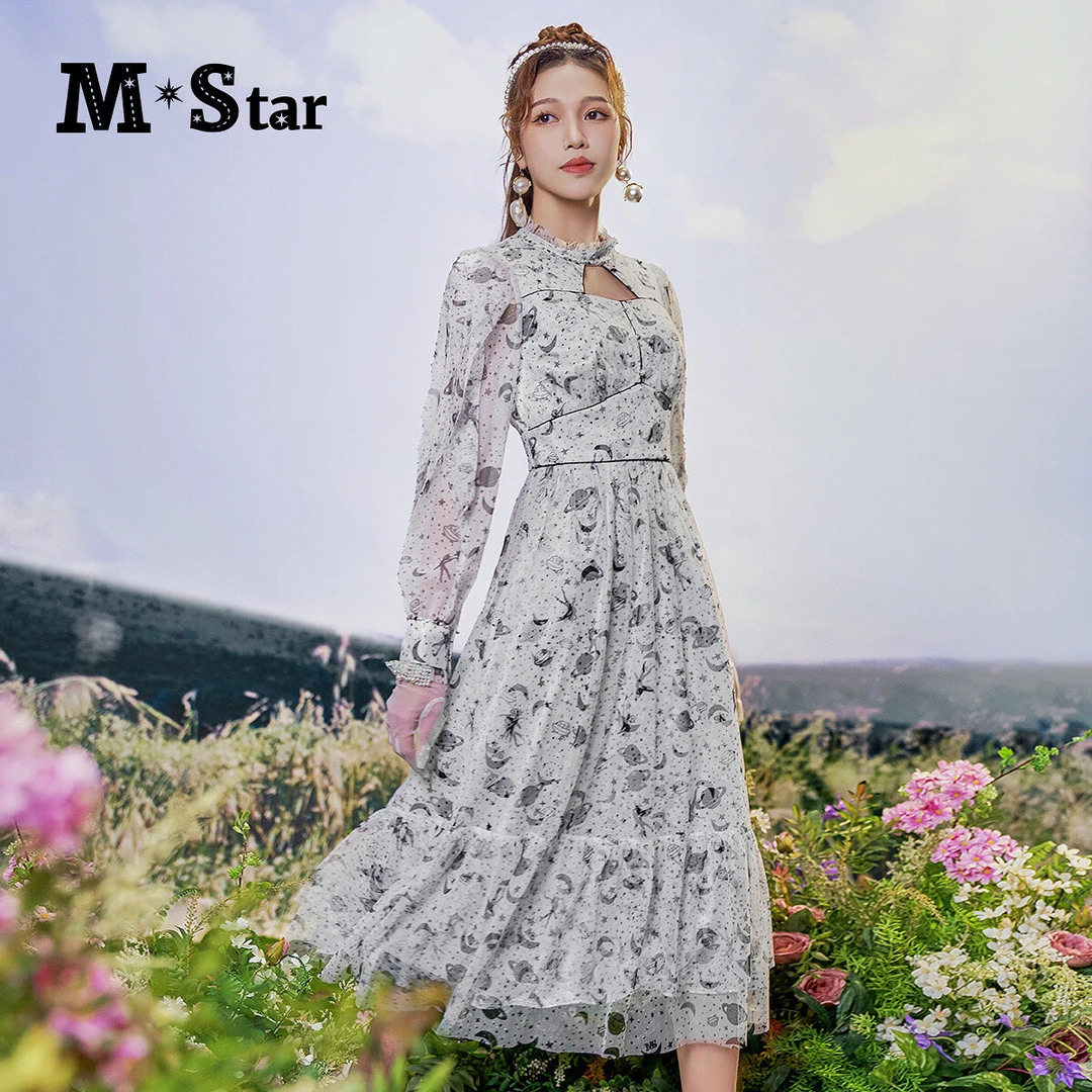 【九月专属】M-Star印花网纱长袖中长款连衣裙度假裙子SEEL132554