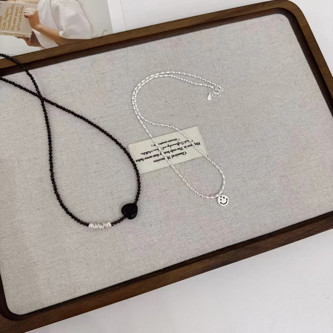 吊坠925银 SHIJIU  烟墨 细闪黑桃心 米粒笑脸串珠项链 合集