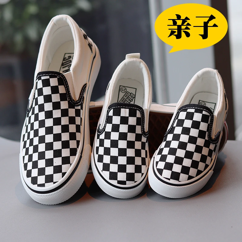 一家三口亲子鞋儿童帆布鞋男童板鞋女童休闲鞋宝宝鞋一脚蹬格子鞋
