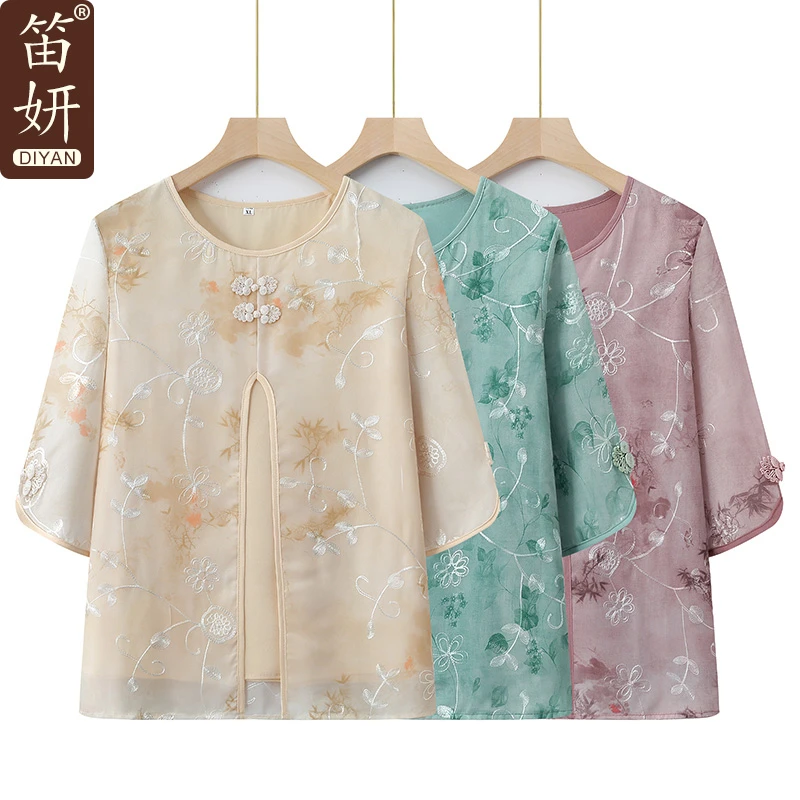 中老年气质女装夏季薄款刺绣中国风时尚小衫女装七分袖汉服大码
