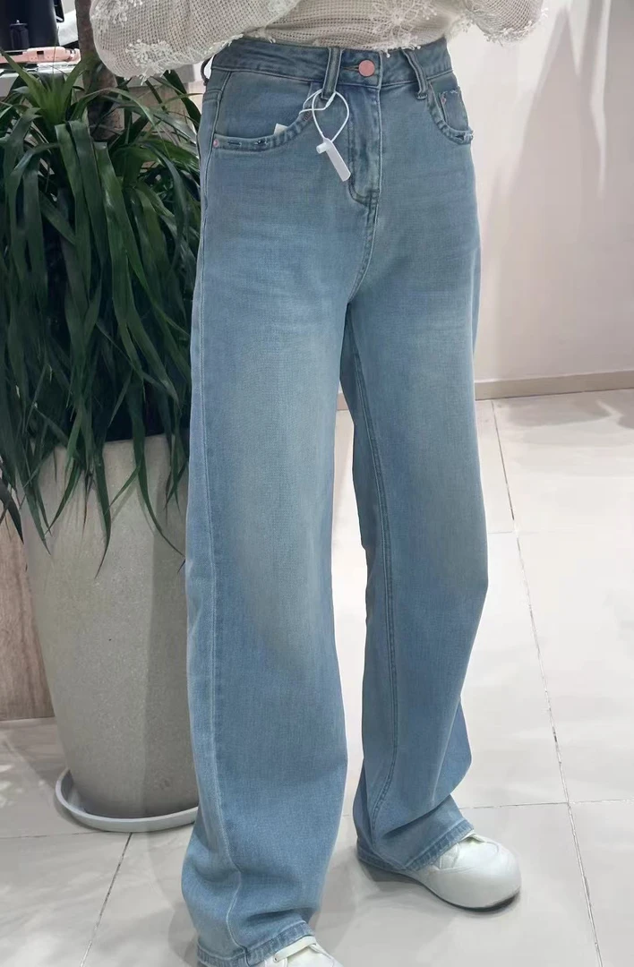 小猫家eant129高腰显瘦窄版阔腿牛仔裤拖地设计休闲直筒裤