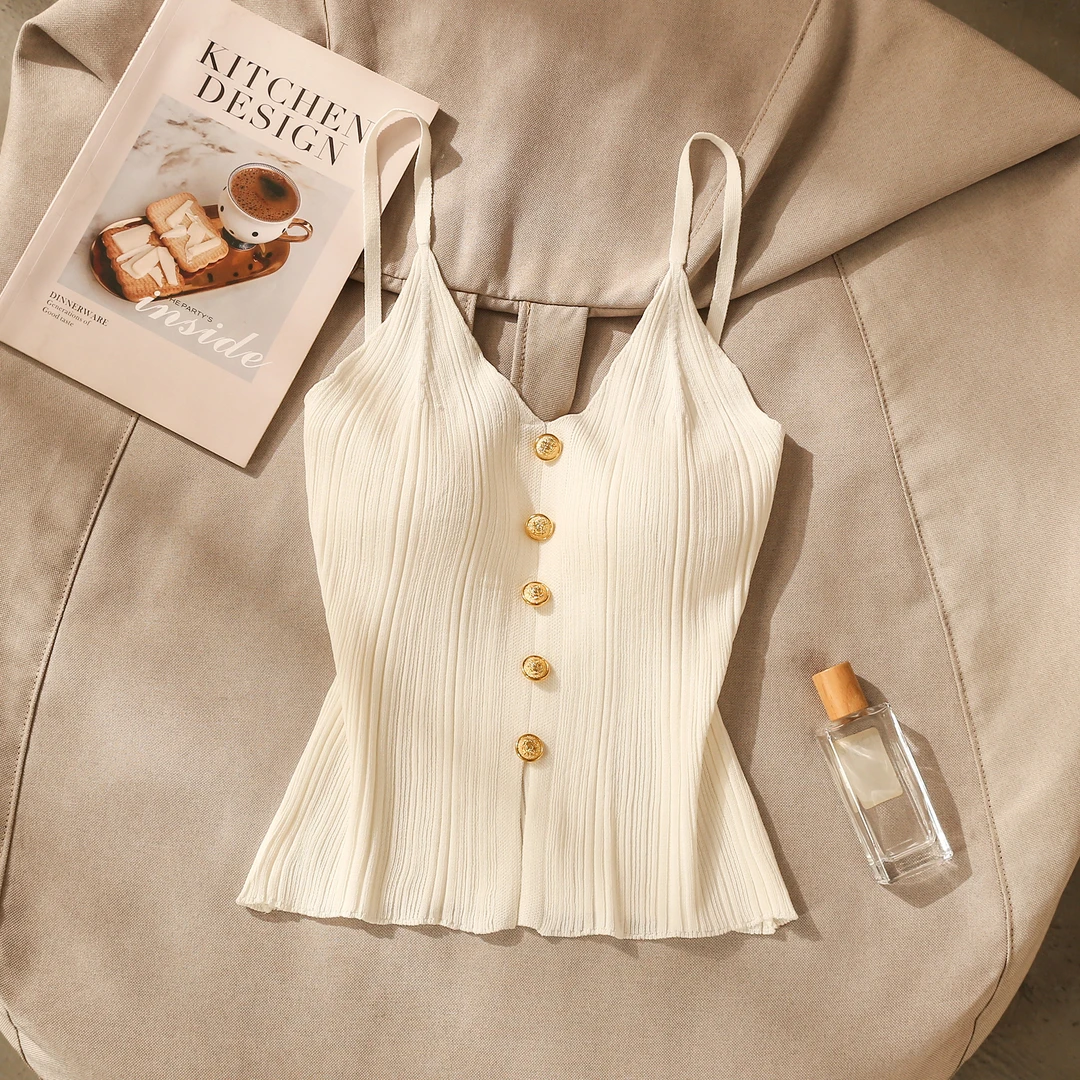 小香风针织吊带背心女夏季新款内搭无袖V领开叉打底美背短款上衣