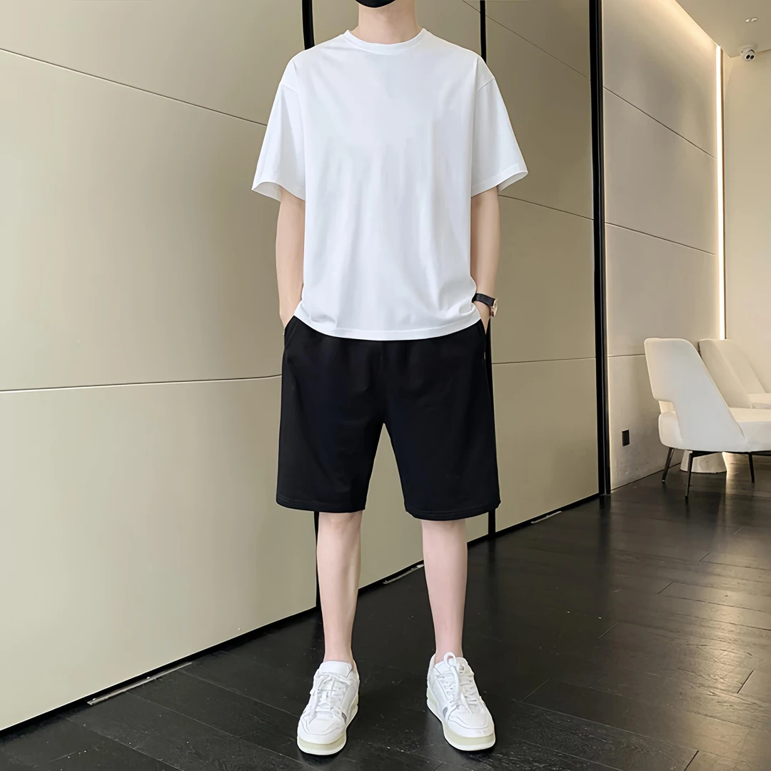 官方正品休闲运动服套装男2025新款夏季宽松纯棉短袖短裤两件套