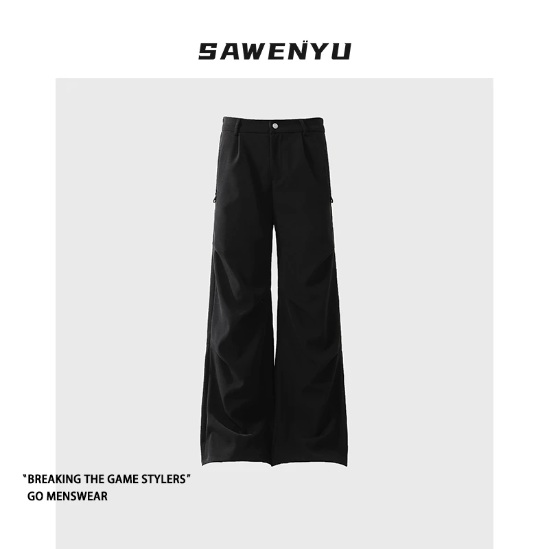 情侣美式韩系褶皱休闲裤男女高街小众设计感宽松直筒垂感净版裤子