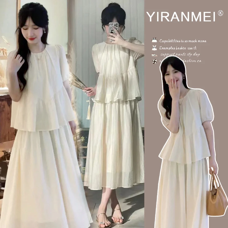 【米莱】2025夏装孕妈新品气质减龄显瘦假两件拼接设计感孕妇连衣裙