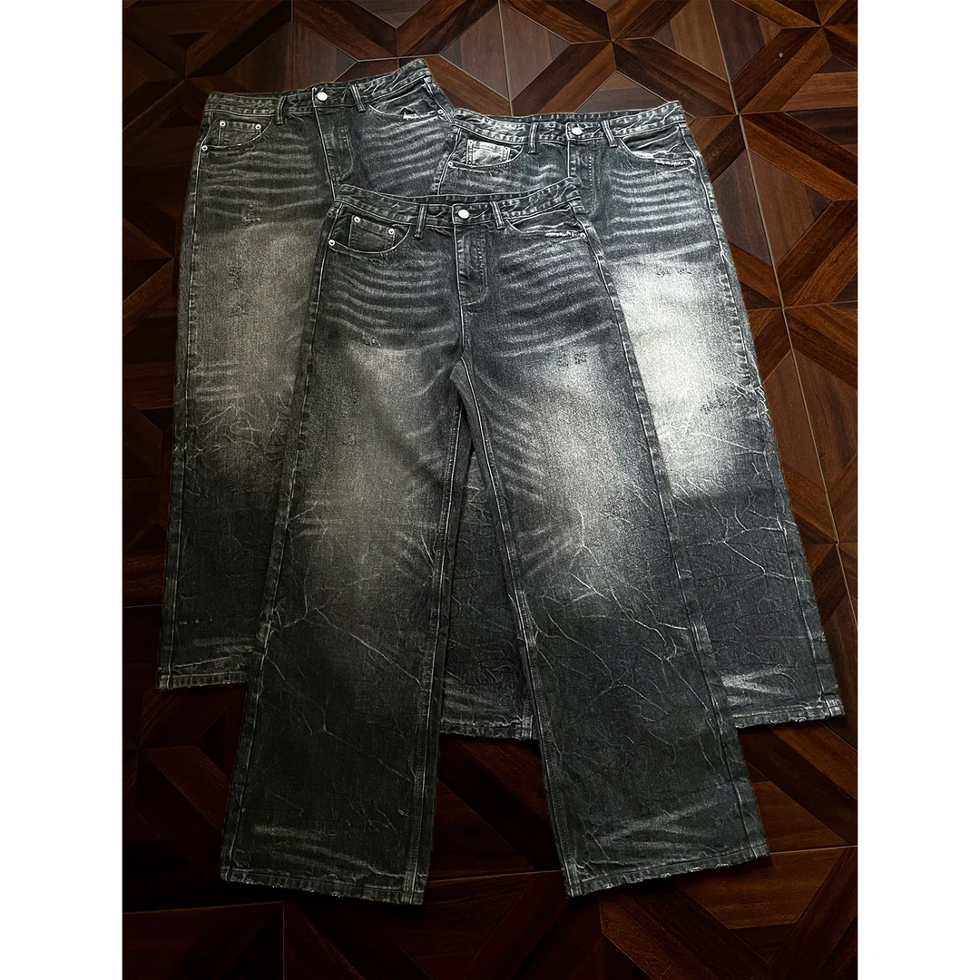 3CH「黑水鬼」复古爆裂纹猫须水洗灰黑色2021M直筒牛仔裤子男女