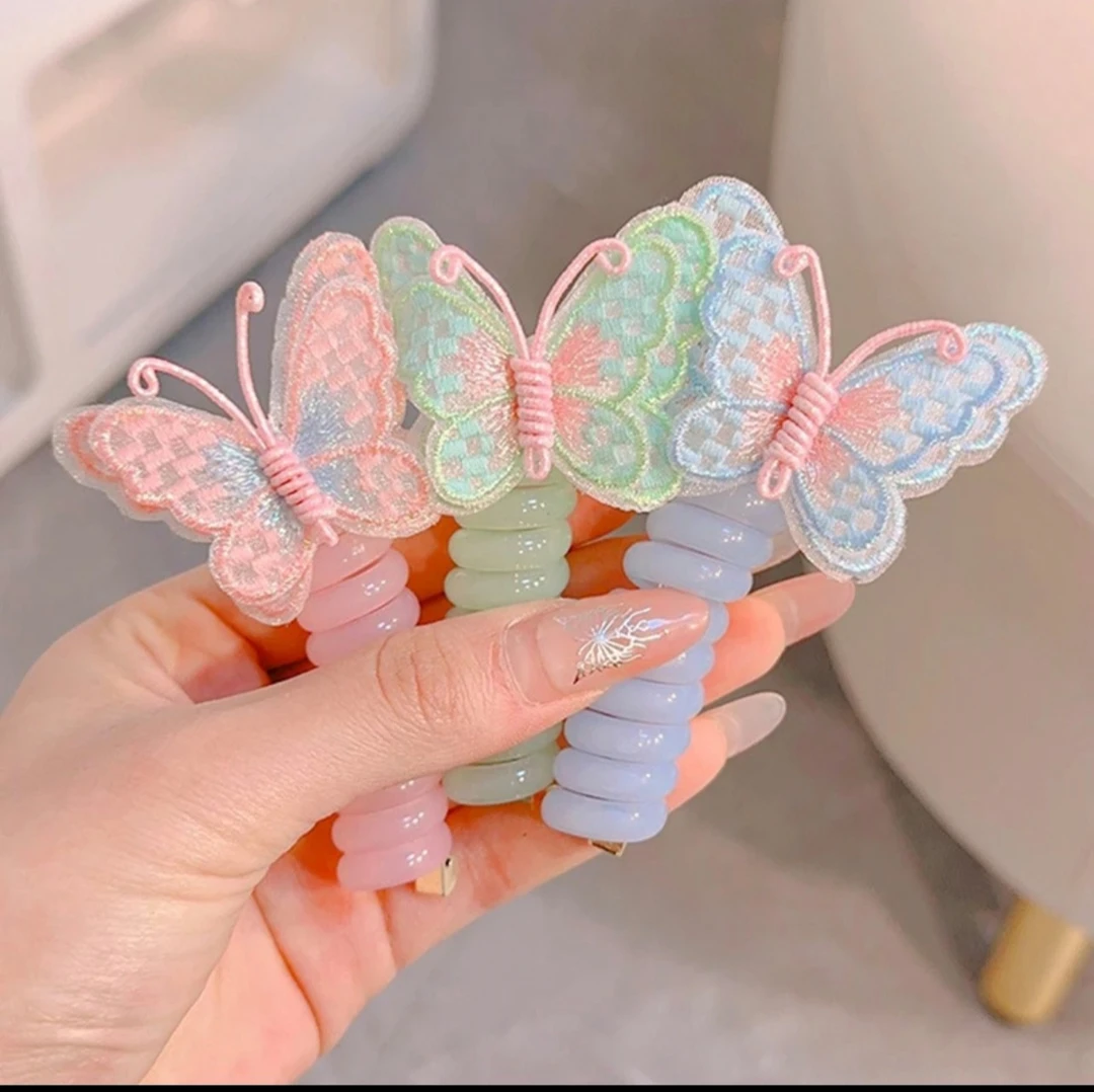 新款卡通蝴蝶电话线卷发儿童甜美束发头绳高颜值耐用女童扎头马尾