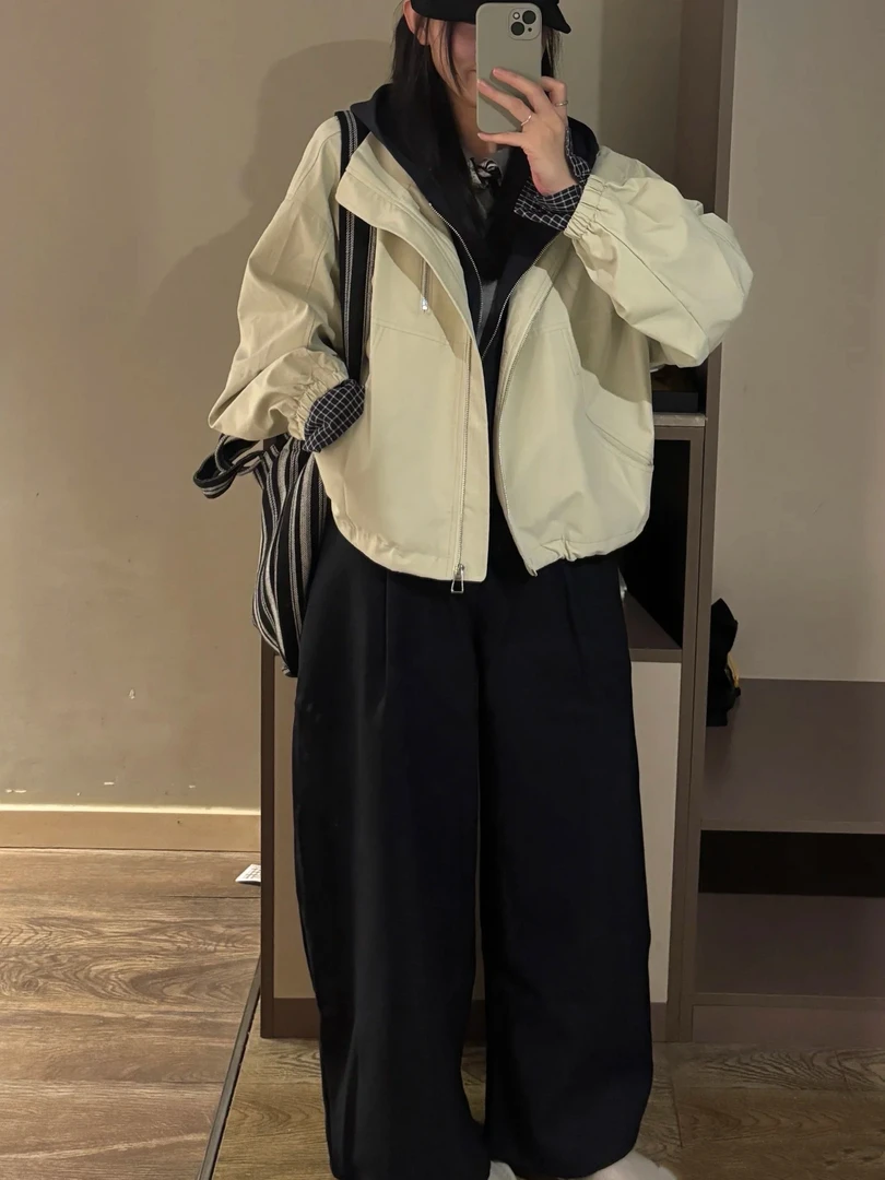 连帽假两件双拉链休闲外套