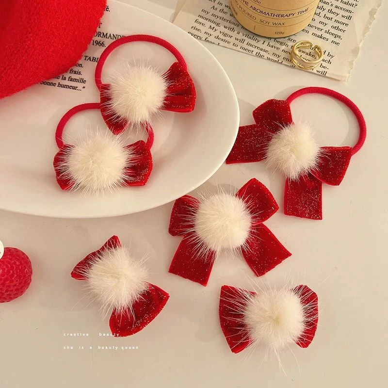 过年红色喜庆蝴蝶结发饰儿童中国风皮套发圈顶夹发卡新年发饰品