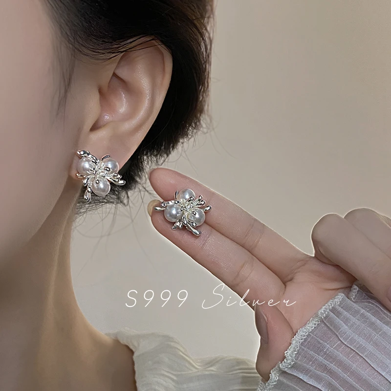 铜合金仿珍珠耳饰 999纯银耳针烟花珠珠耳钉女轻奢感气质新款耳饰