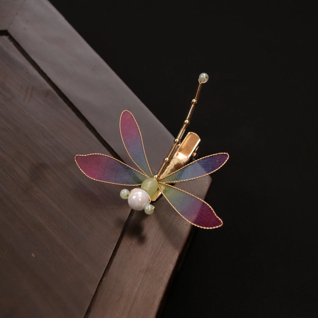 【精灵粉蜻蜓】边夹 手工绒花头饰发卡