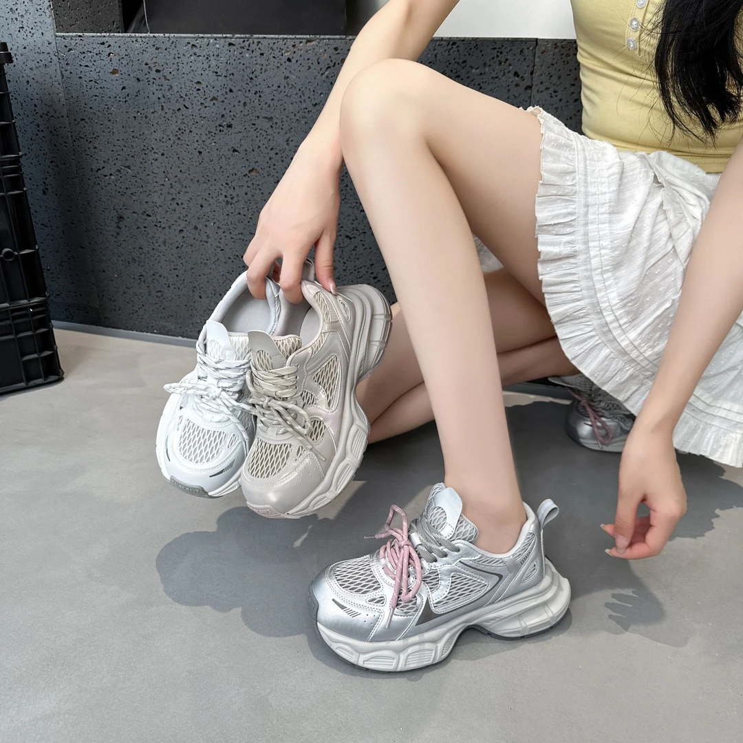 2025春夏新款厚底老爹鞋网面小个子内增高休闲运动鞋透气女鞋